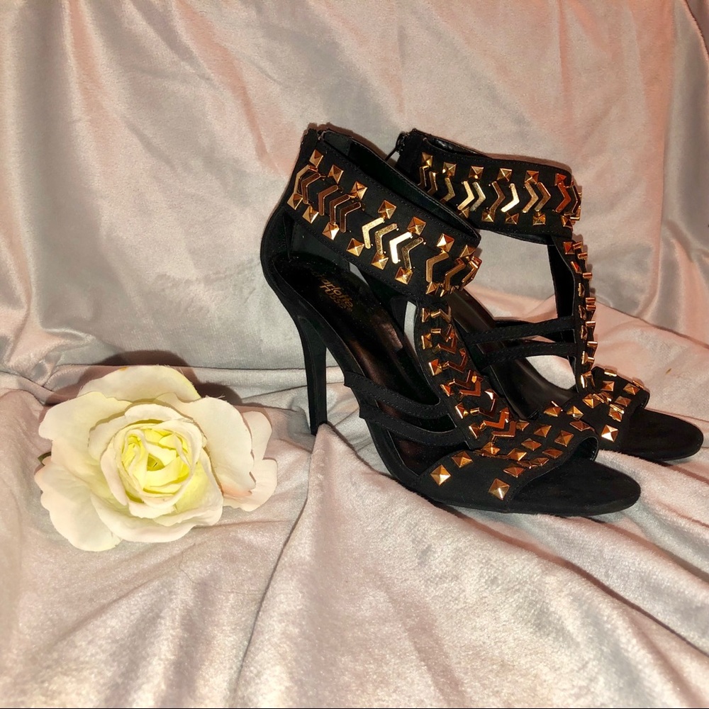 BLACK AND GOLD GEM GEOMETRIC STRAPPY HEELS